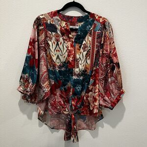 Chico’s Satin Oversized Blouse Top Sz 0 Us 4 Patchwork Artsy Bohemian Festival